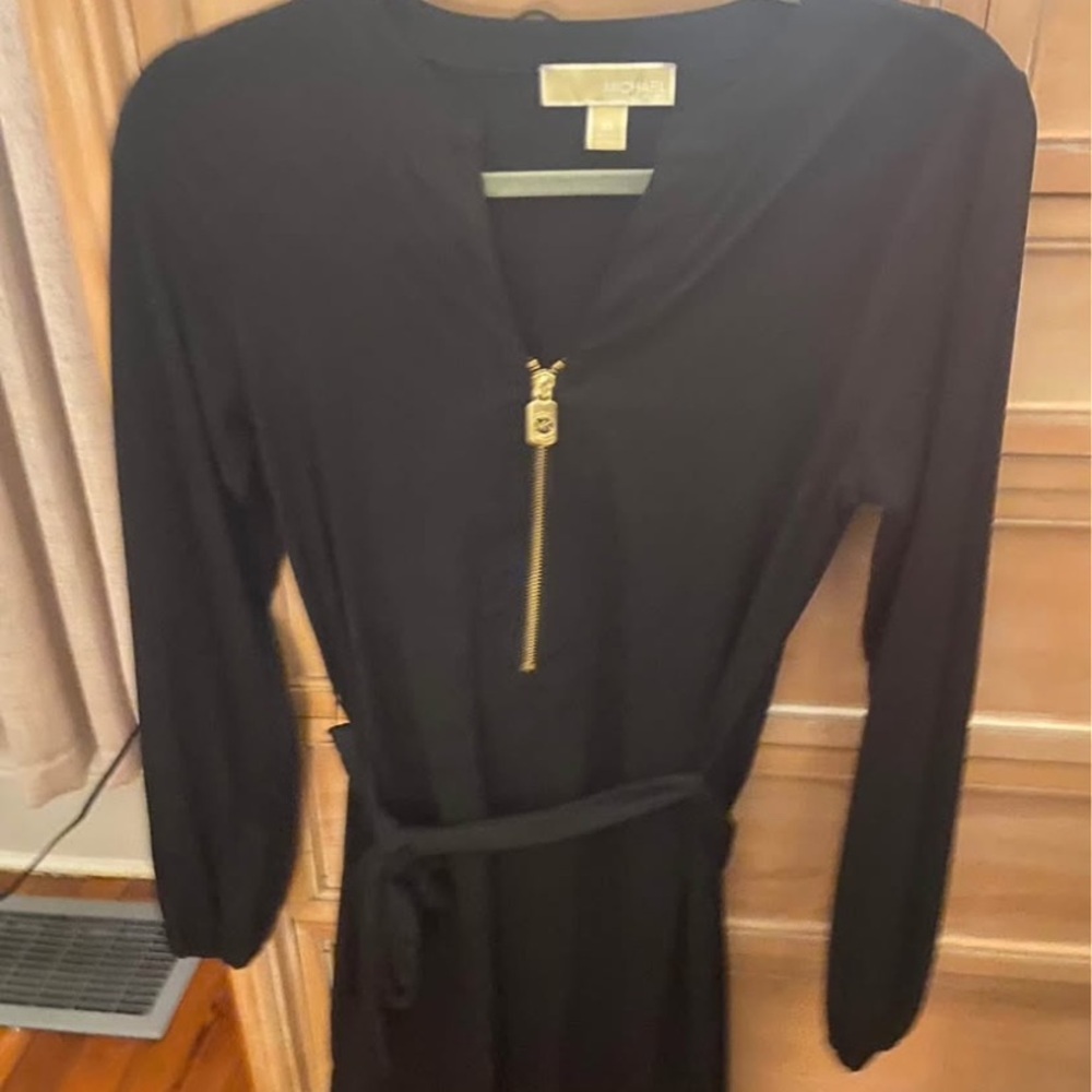 Michael Kors Long Sleeve Black Dress with Gold Accent